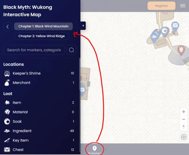 Interactive map of Black Myth Wukong: chests, items and bosses