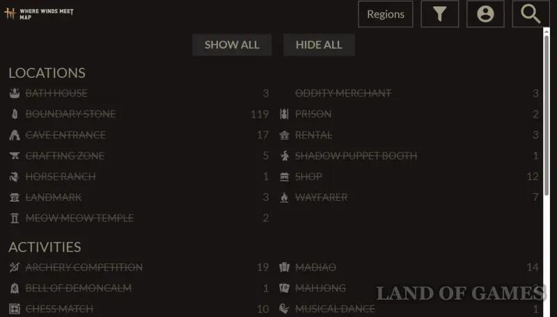 Interactive map Where Winds Meet: chests and treasures
