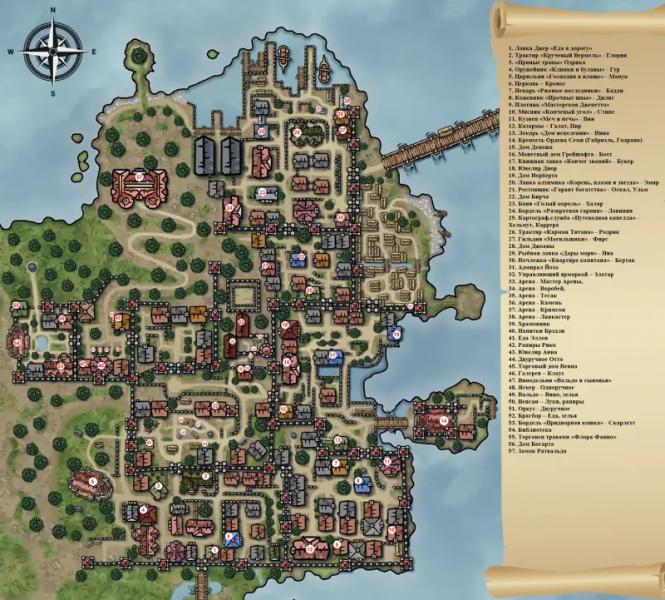 World and city map in Of Ash and Steel: all treasures, merchants and potions